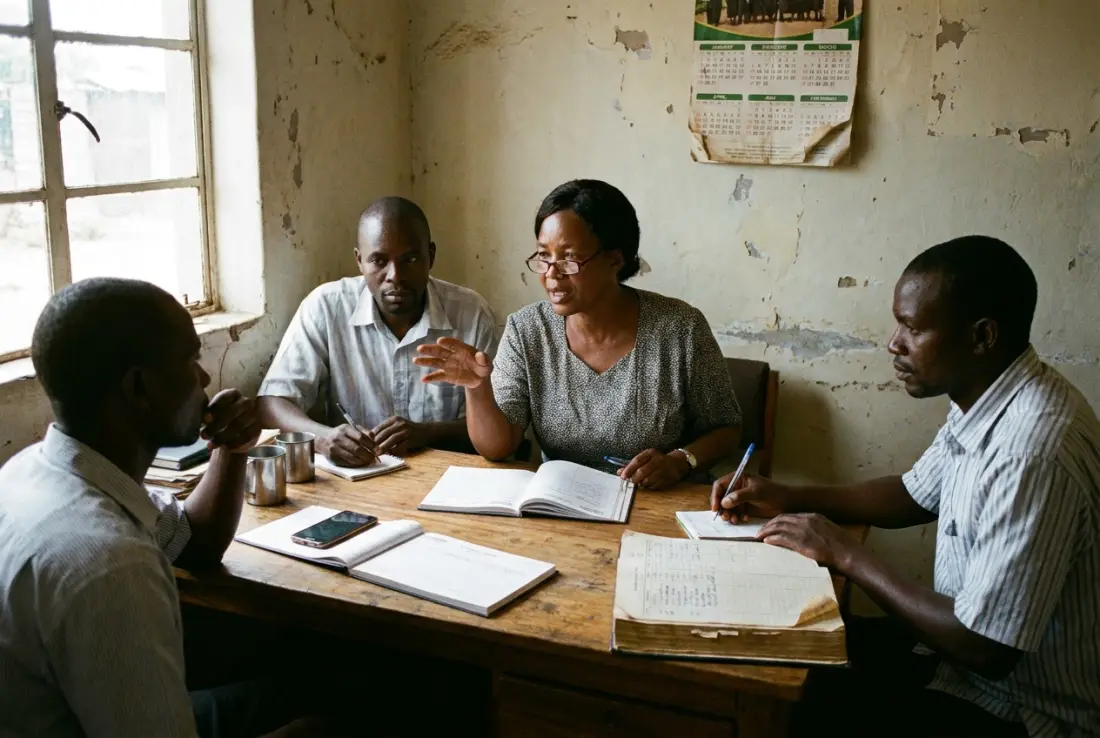 A cooperative committee meeting, with receipt books and a hardcover ledger open on the table