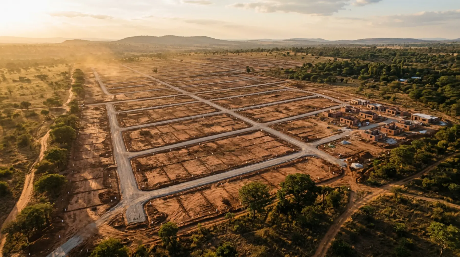 A residential development outside Harare at golden hour, subdivided into stands with gravel roads cut between them