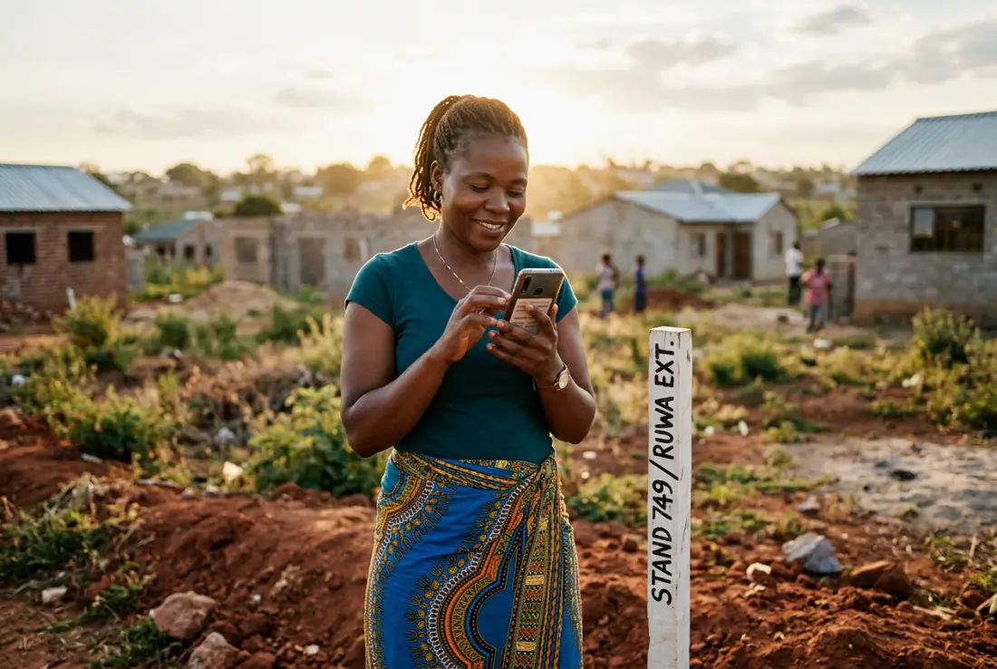 A member standing on her stand, checking her balance on her phone beside a survey peg