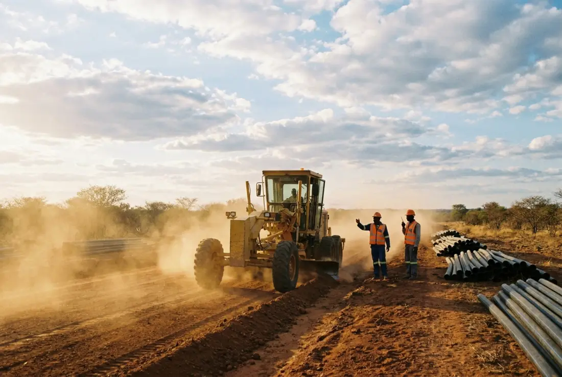 A grader cutting a gravel road through red earth, with water pipes stacked along the verge